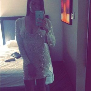 Nude Bodycon Dress with Silver Appliques